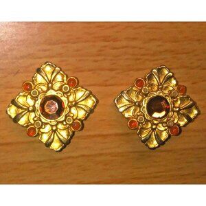 ROBERT ROSE Earrings Vintage Square gold garnet Designer Clip-On Western Luxury